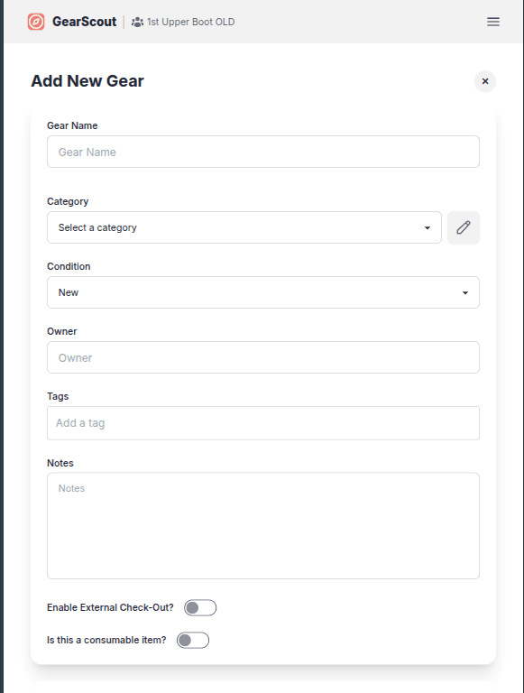 Add Gear Screen