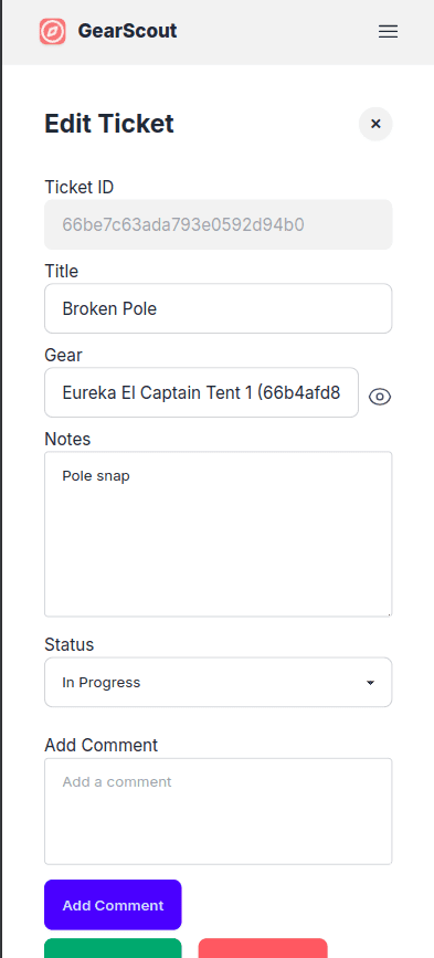 Edit Ticket Screen