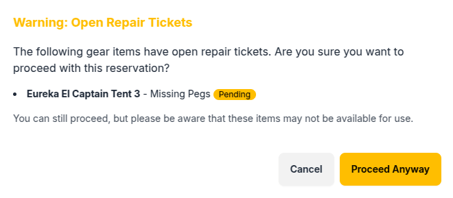 Gear with Open Repair Tickets Alert