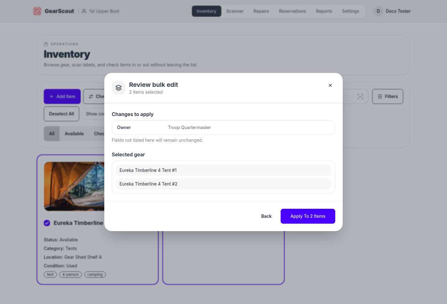 Inventory bulk edit review showing selected fields and gear