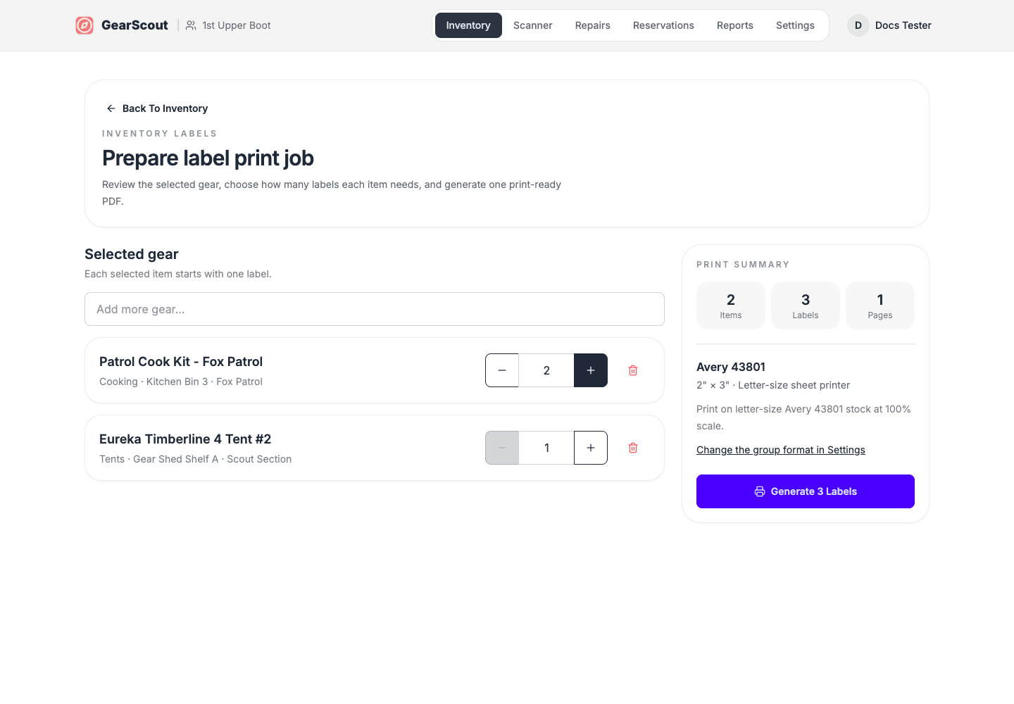 Bulk label print job preparation page with selected gear, quantity controls, and a print summary