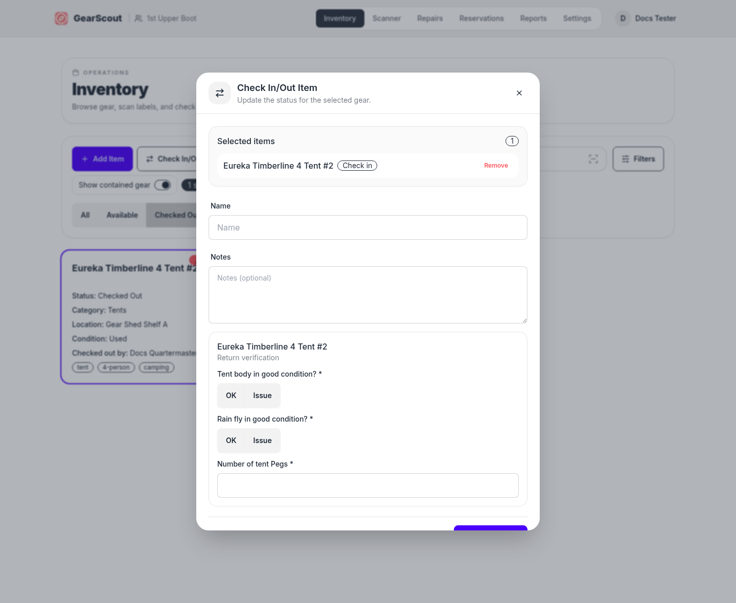 Current inventory check-in and check-out modal