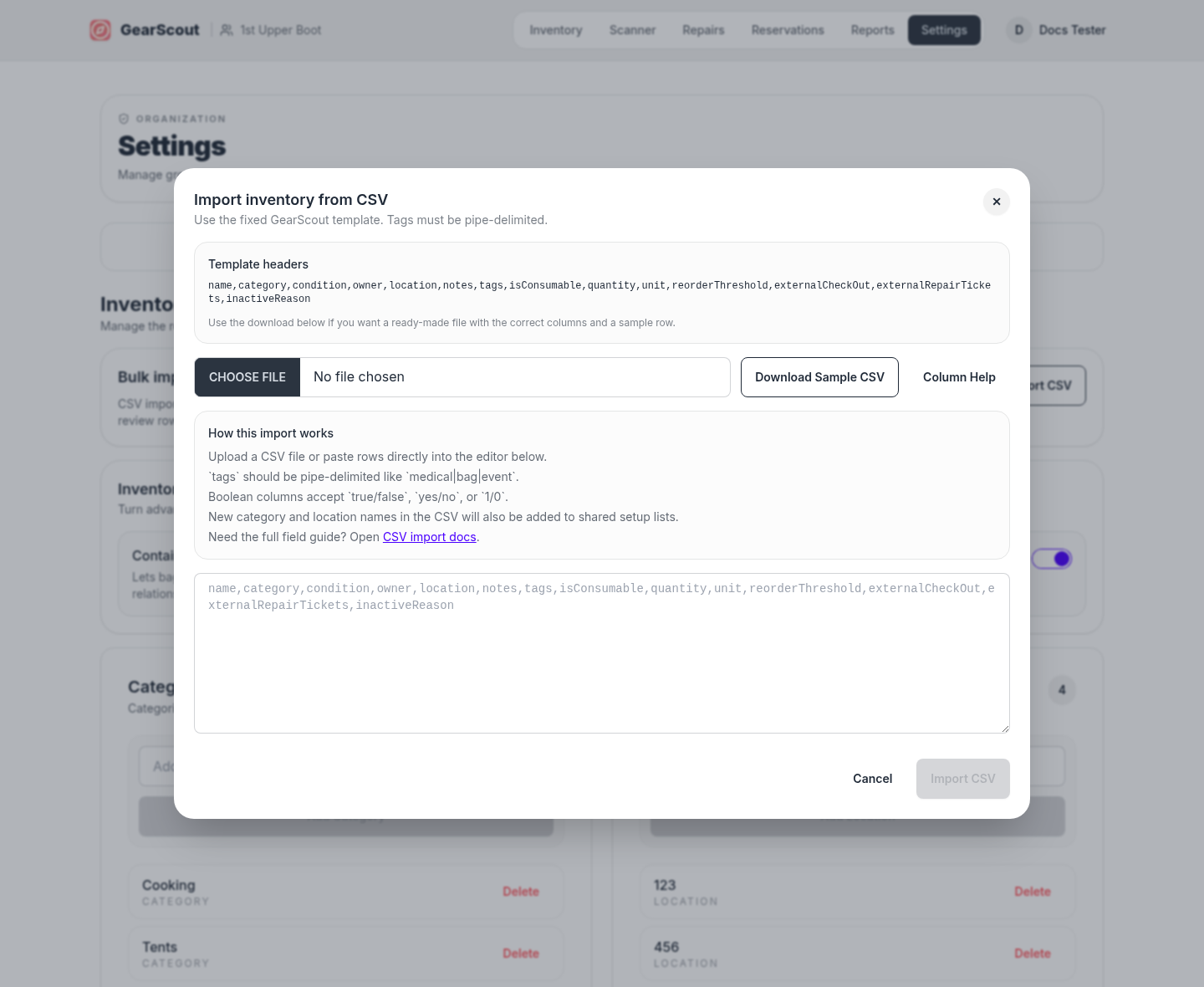 Inventory CSV import modal