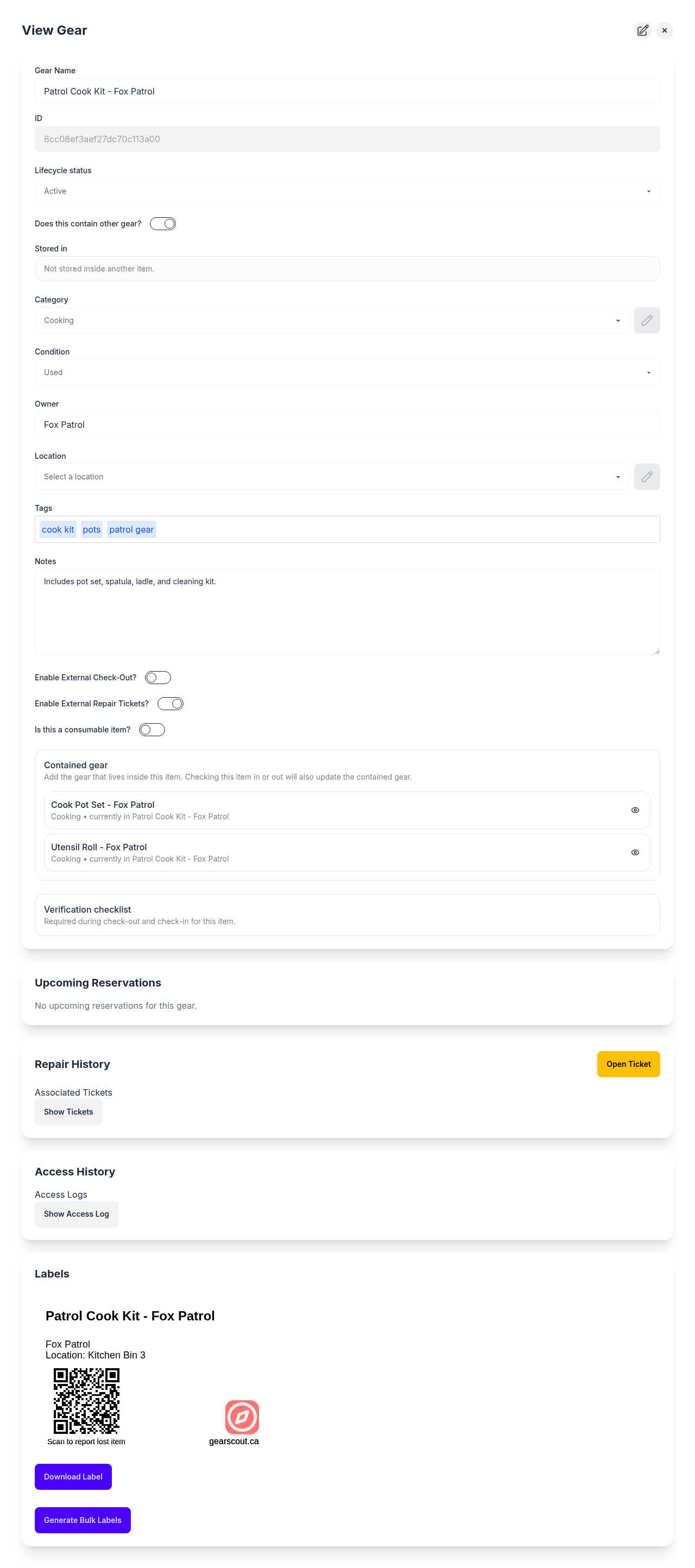 Current labels section on the inventory detail page