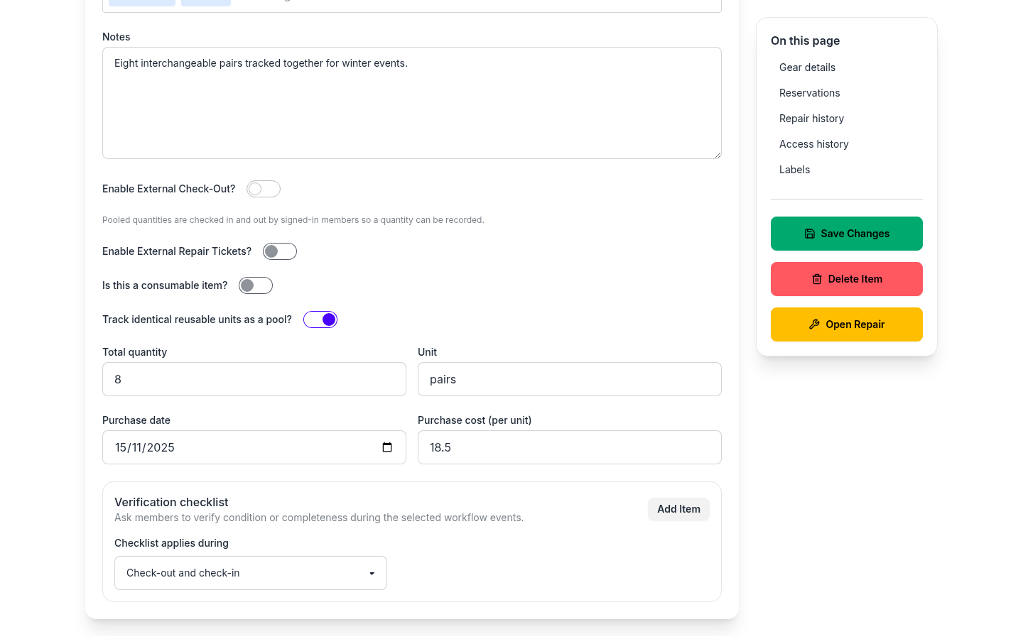 Pooled gear record showing quantity and purchase fields
