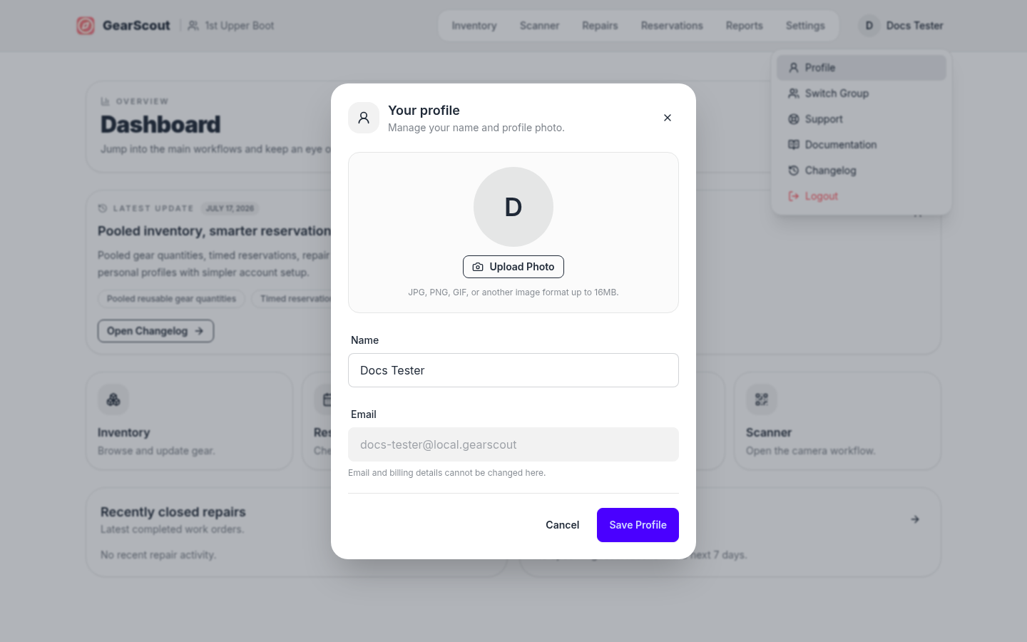 Profile dialog with name, email, and photo controls