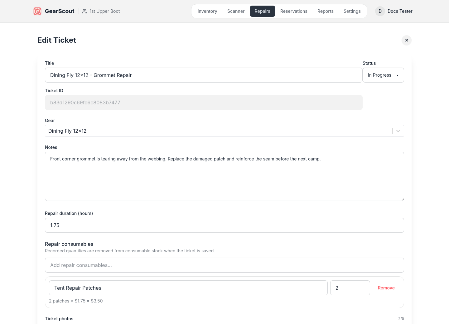 Repair editor showing duration and consumables used