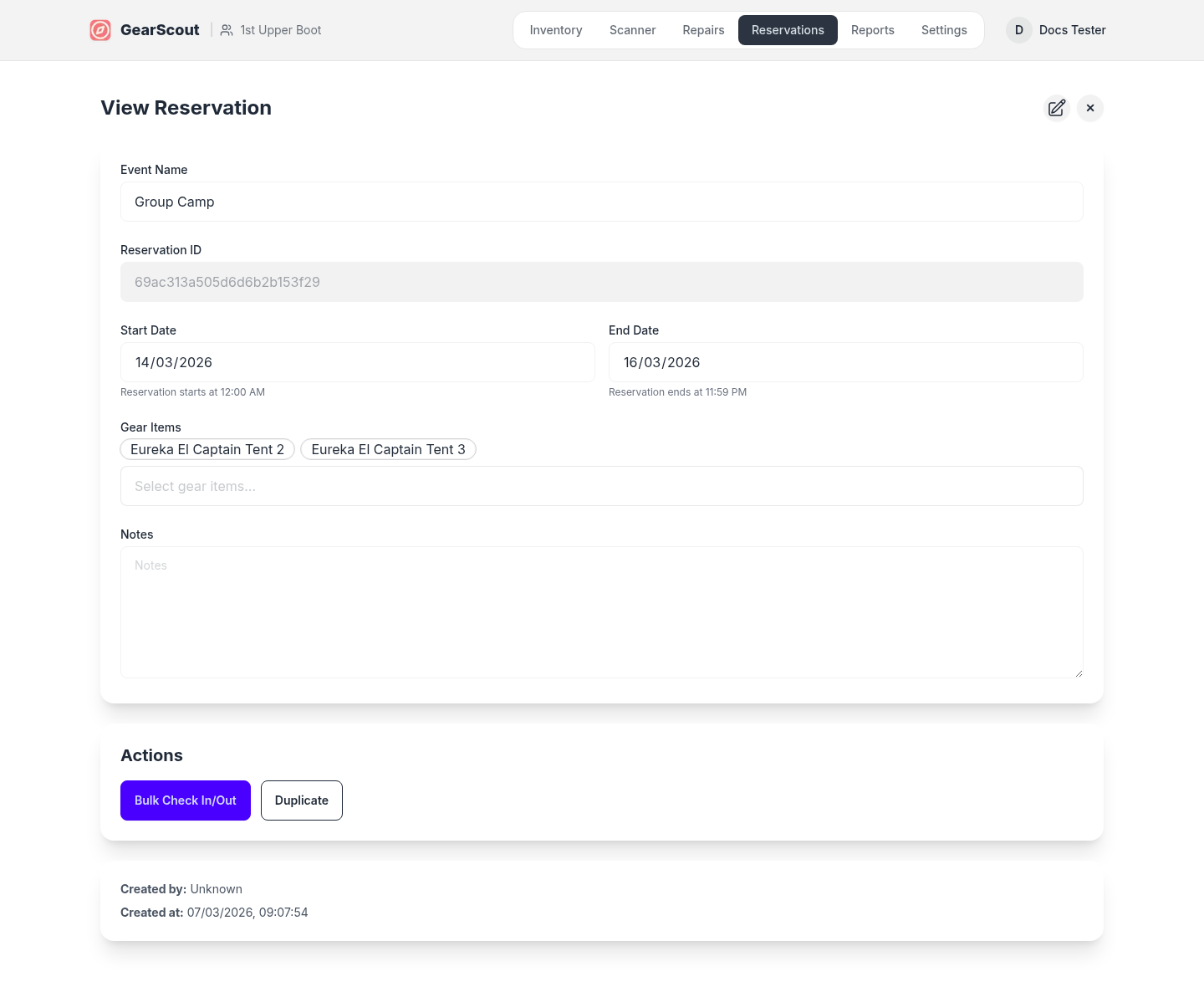 Current reservation detail page