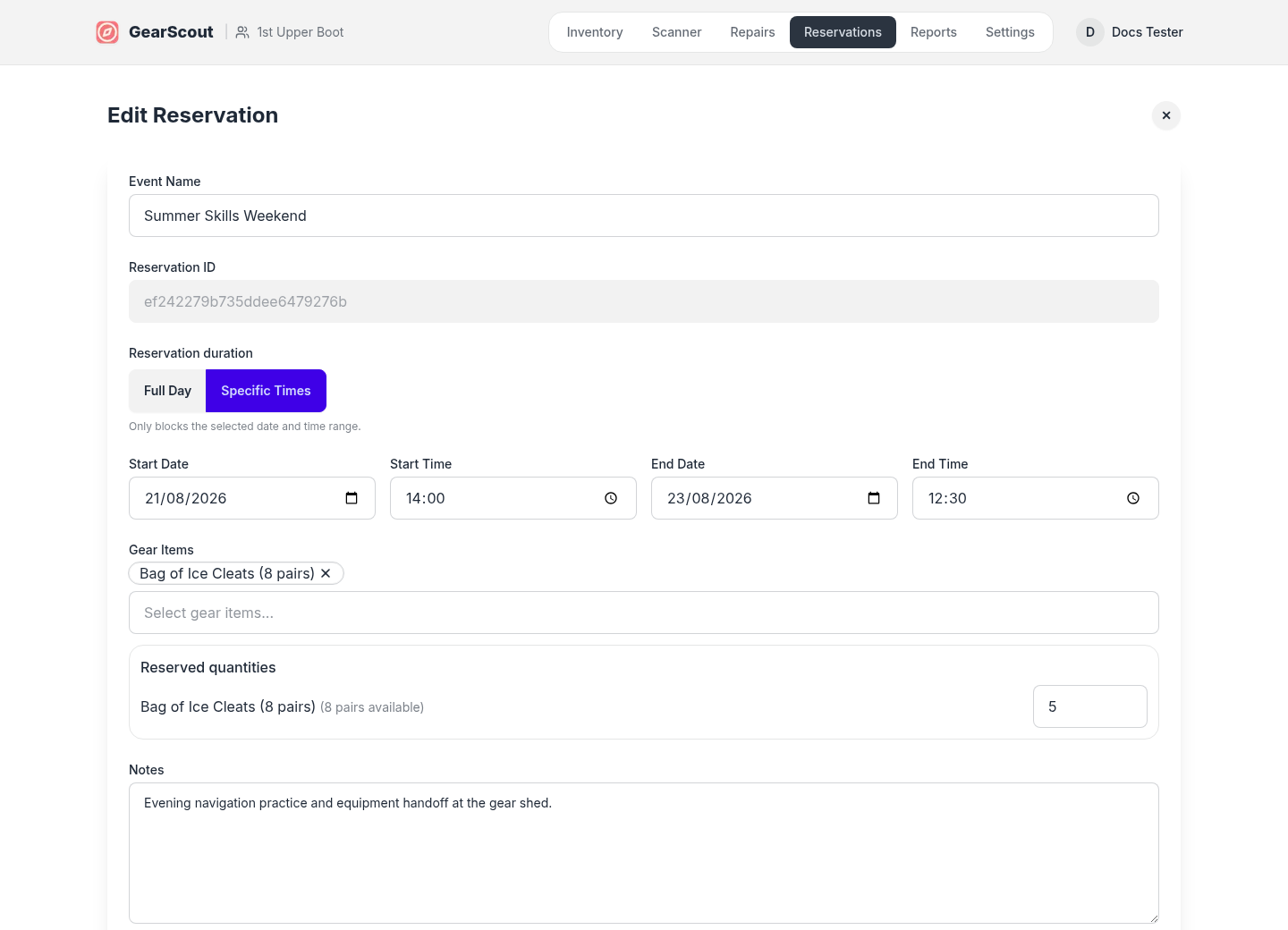 Reservation editor showing specific times and reserved pooled quantities