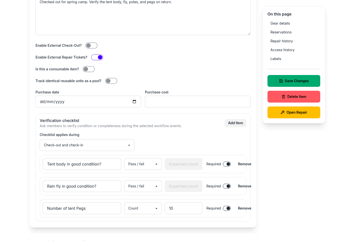Gear edit page showing a configured verification checklist
